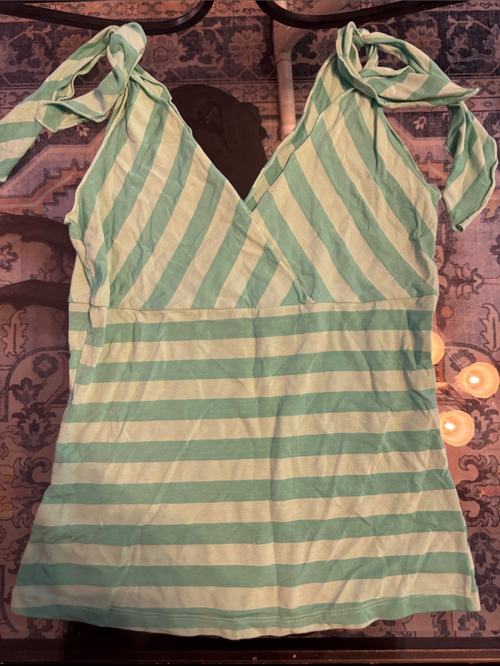 VTG Ella Mint and teal Striped Tie-Shoulder Top
